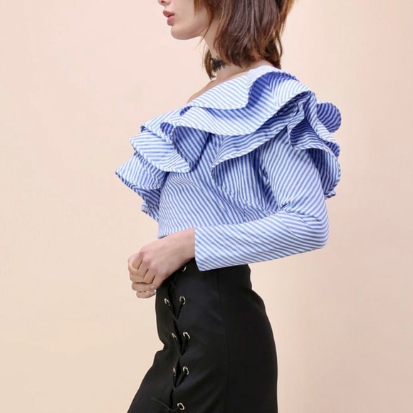 ONE-SHOULDER STRIPED RUFFLE TOP SIZE XS - Picture 2 of 4